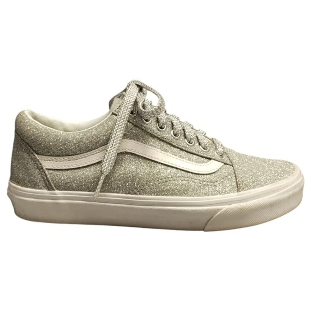 Vans Old Skool Skateboarding Shoes Womens 10 Sparkly Silver White Lace Up 721278